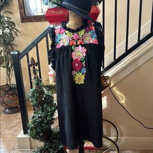 THML Black Midi Dress with Colorful Floral Embroidery
